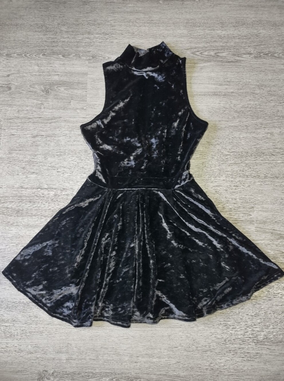 Revamped Black Crushed Velvet Mock Neck Skater Romper Dress - Picture 8 of 12